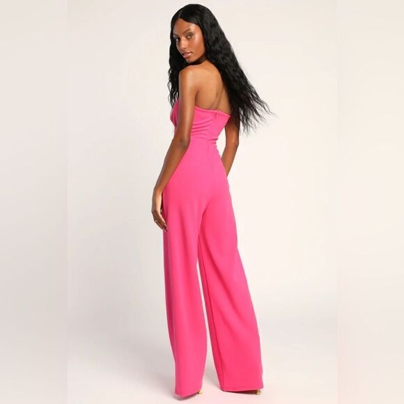 Lulus Ready to Impress Hot Pink Strapless Tie-Front Wide-Leg Jumpsuit Size XS - Picture 4 of 4